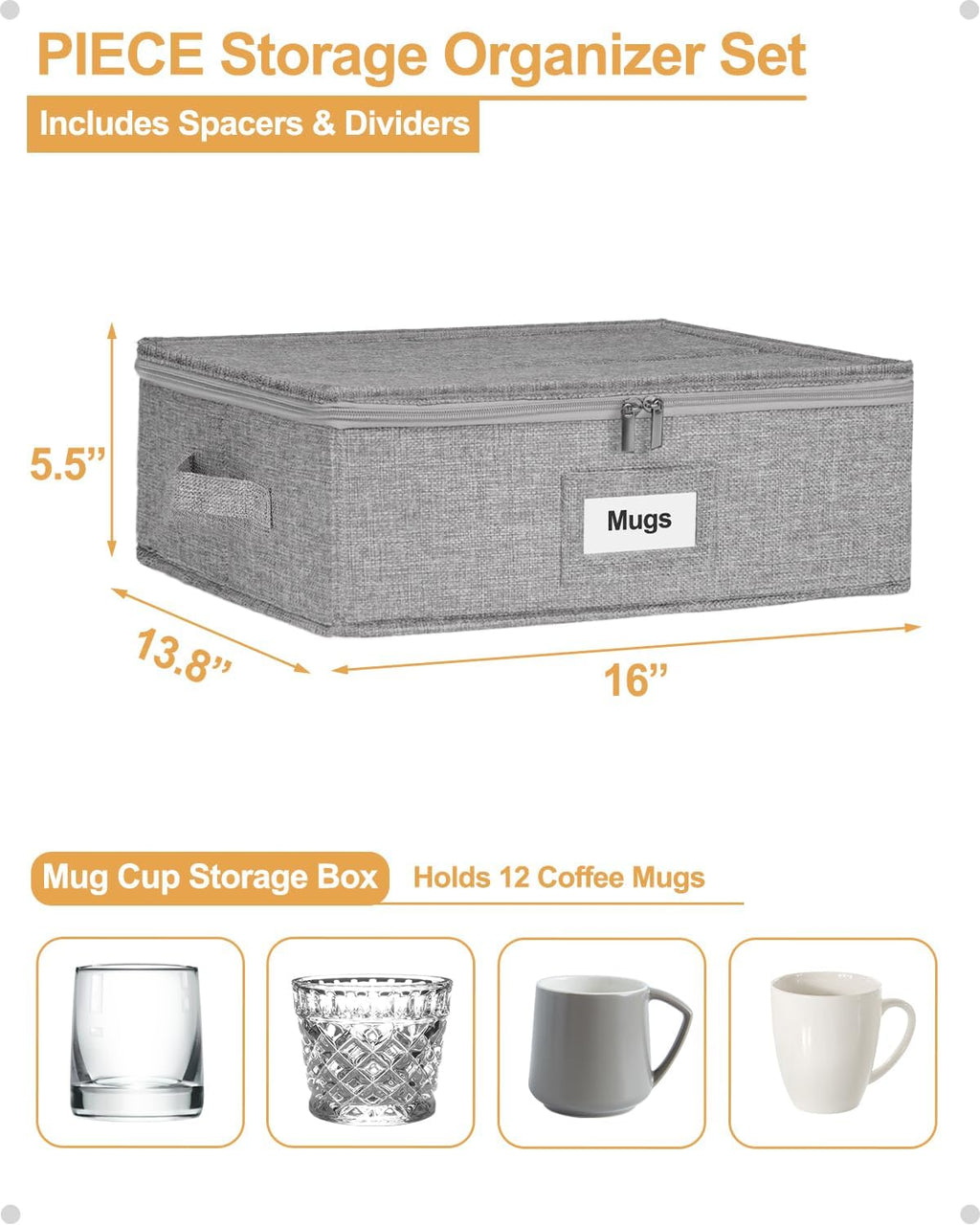 punemi Mug Storage Organizer w/Hard Shell Sides & Bottom, Padded Dividers, 2-Pack Stackable Coffee Mug Storage Boxes for Tea Cups, China Storage Containers for Packing & Moving