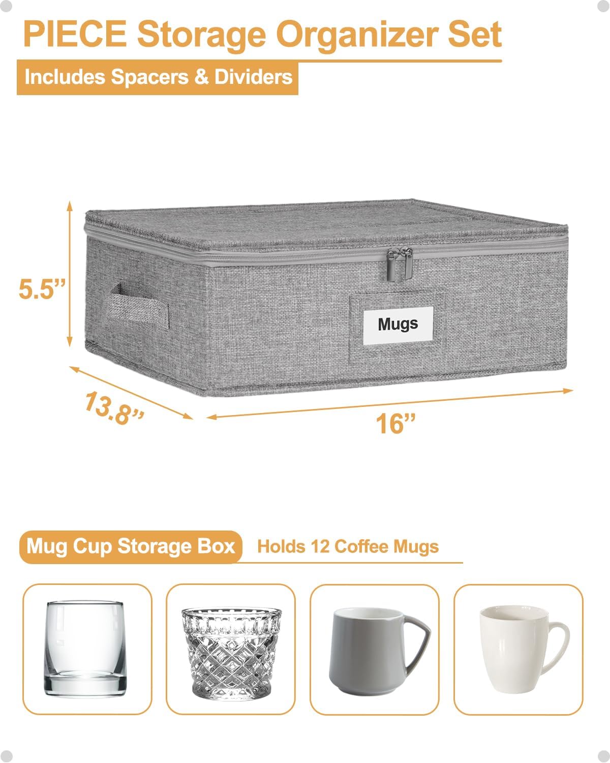 punemi Mug Storage Organizer w/Hard Shell Sides & Bottom, Padded Dividers, 2-Pack Stackable Coffee Mug Storage Boxes for Tea Cups, China Storage Containers for Packing & Moving