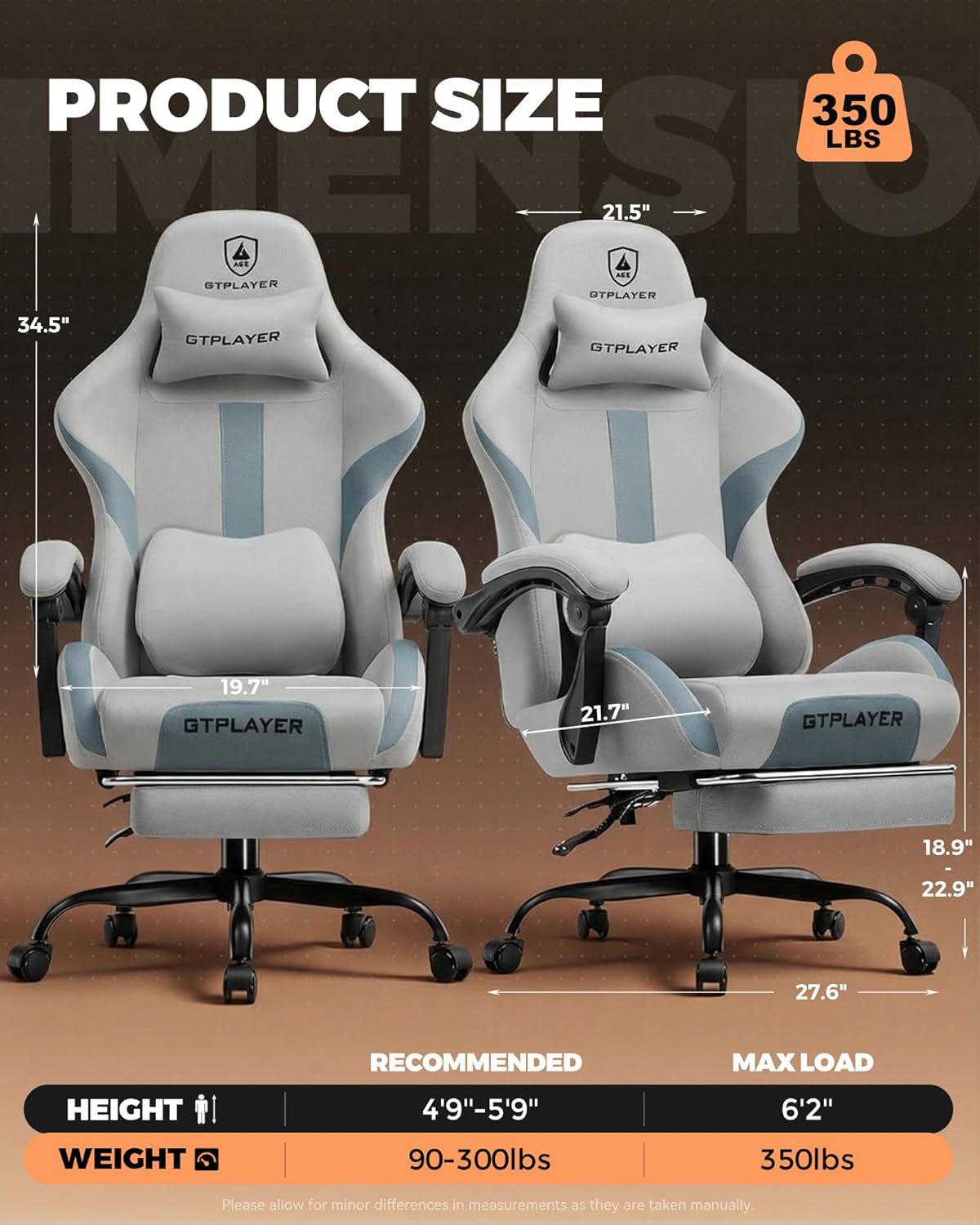 Gaming Chair with Foot Rest & Pocket Spring Cushion, Ergonomic High Back Computer Desk Chair with Headrest & Lumbar Support for Back Pain Relief, Breathable Fabric, Mist-Blue
