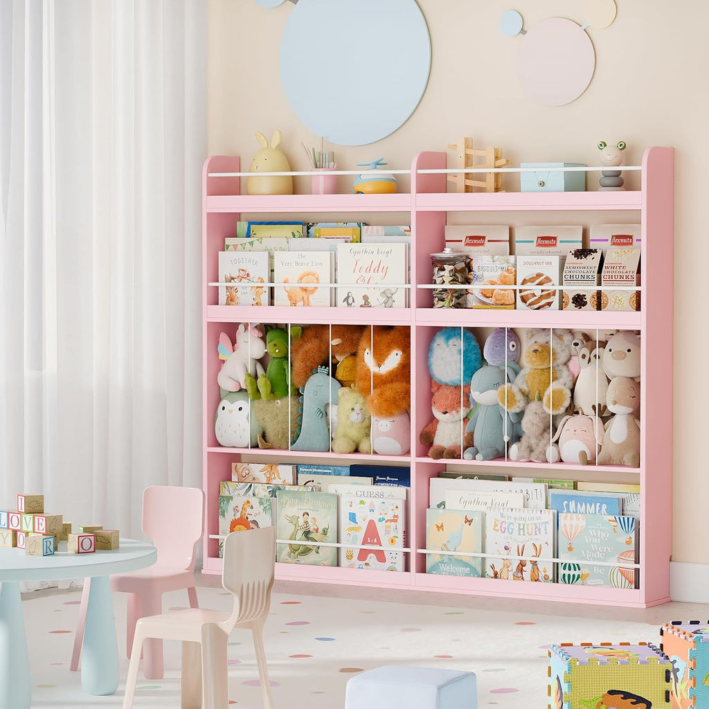 Kids Bookshelf, 8-Tier Bookshelf with Stuffed Animal Storage, Wooden Kids Bookcase and Toy Storage Organizer, Anti-Tipping Wall-Leaning Book Shelf for Kids Room, Playroom, Classroom. Pink