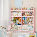 Kids Bookshelf, 8-Tier Bookshelf with Stuffed Animal Storage, Wooden Kids Bookcase and Toy Storage Organizer, Anti-Tipping Wall-Leaning Book Shelf for Kids Room, Playroom, Classroom. Pink