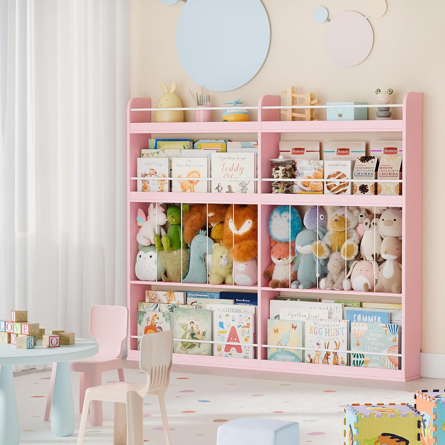 Kids Bookshelf, 8-Tier Bookshelf with Stuffed Animal Storage, Wooden Kids Bookcase and Toy Storage Organizer, Anti-Tipping Wall-Leaning Book Shelf for Kids Room, Playroom, Classroom. Pink