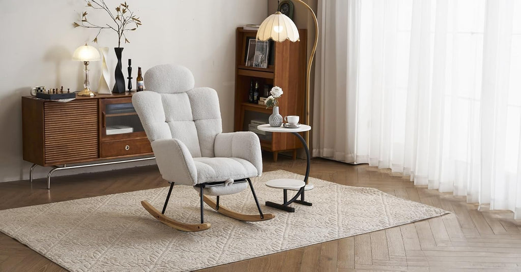 Teddy Fabric Upholstered Rocking Chair with Pillow & Footrest – Modern Accent Armchair with Padded Seat and High Backrest for Nursery, Living Room or Bedroom (Ivory)