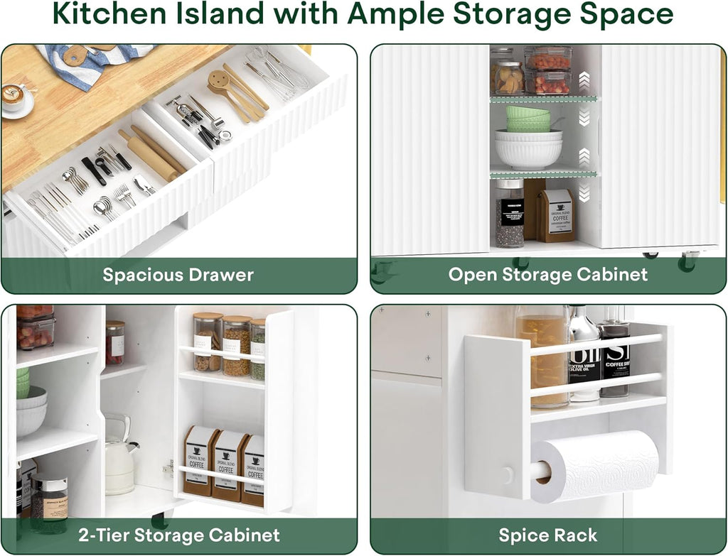 43.3" x 29.5" Kitchen Island with Drop Leaf, Rolling Kitchen Island on Wheels with Removable Trash Bag, Kitchen Island Cart with Storage Cabinet, Drawers & Spice Rack, White