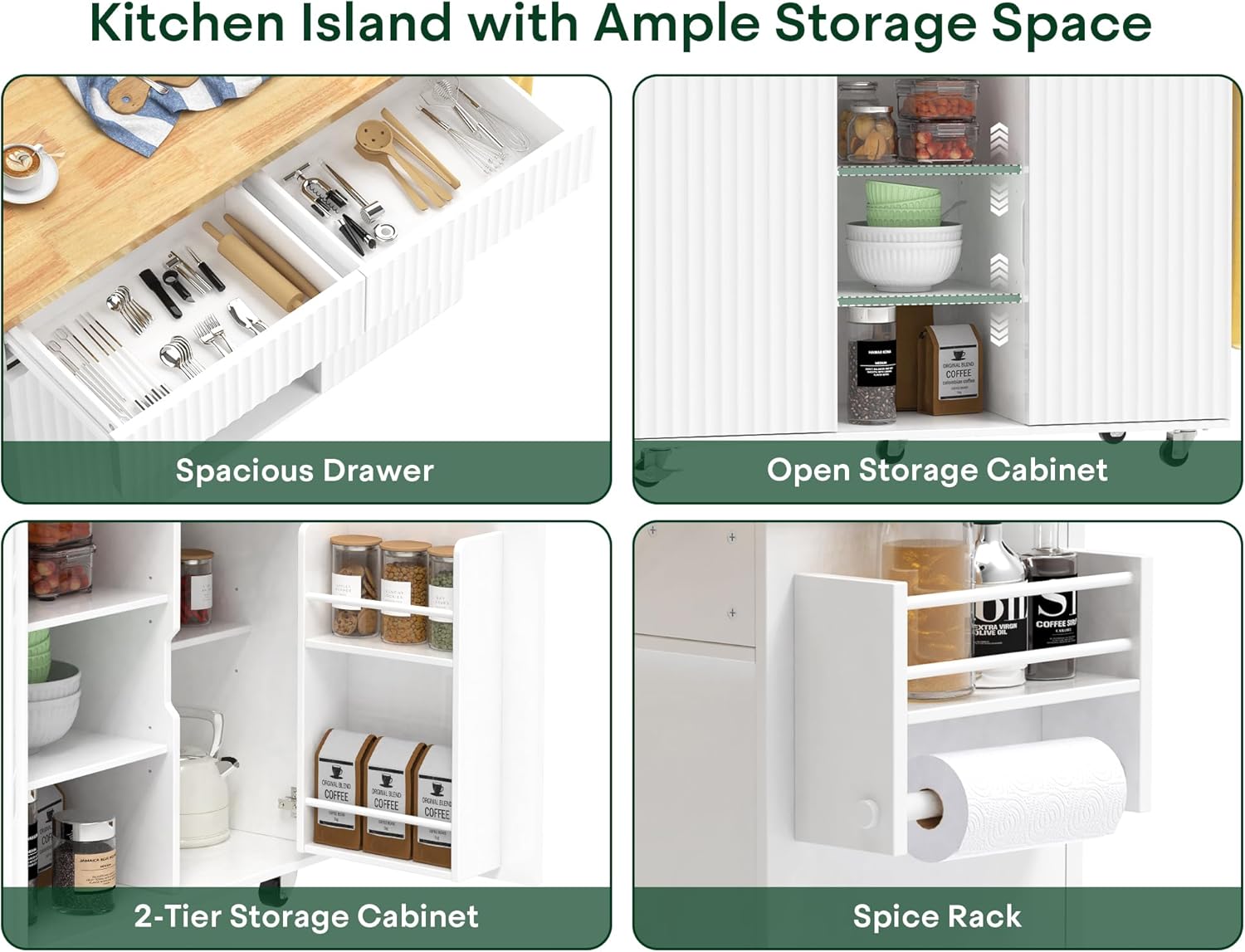 43.3" x 29.5" Kitchen Island with Drop Leaf, Rolling Kitchen Island on Wheels with Removable Trash Bag, Kitchen Island Cart with Storage Cabinet, Drawers & Spice Rack, White