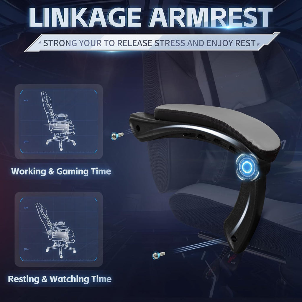 DL-win Gaming Chair for Adults with Footrest, Ergonomic Computer Gamer Chair with Massage Lumbar Support, High Back Reclining Gaming Chair, Adjustable Swivel Desk Chair for Home Office, Grey