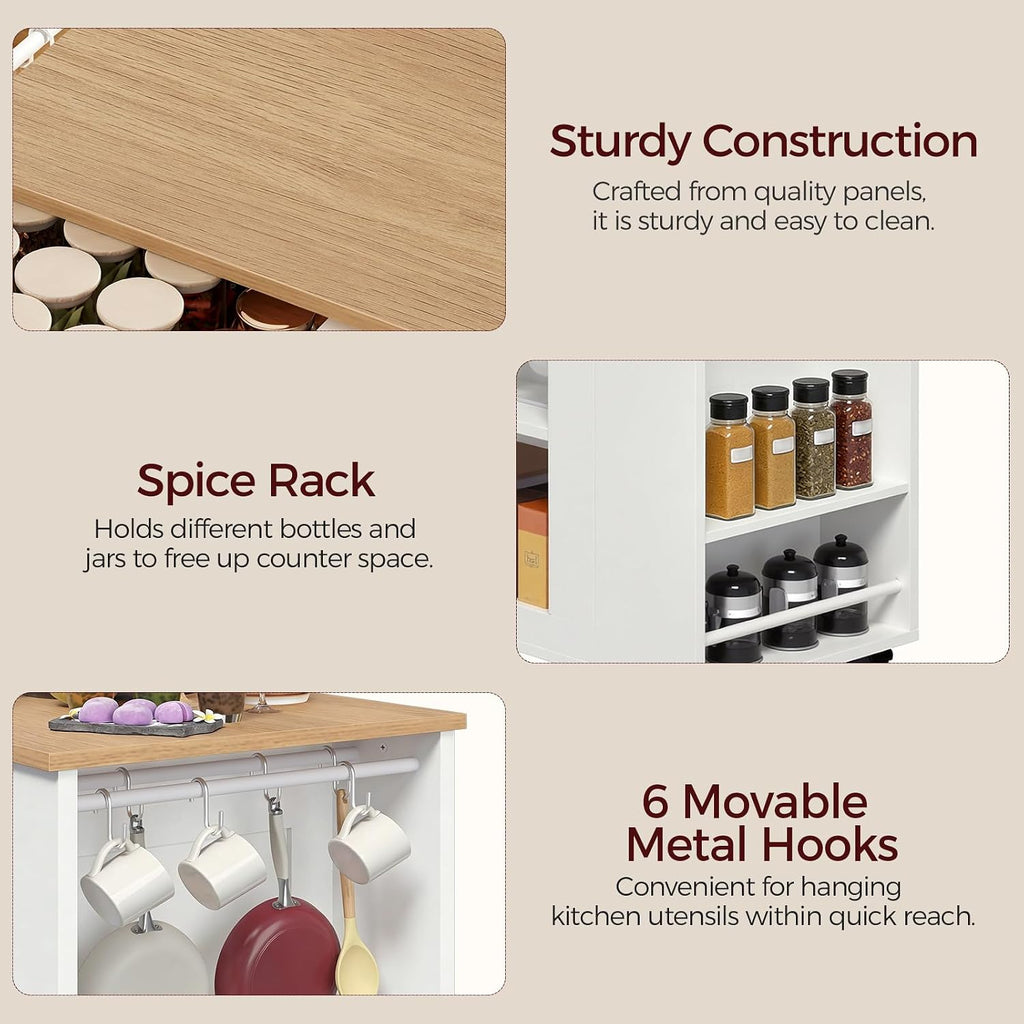 MAHANCRIS Kitchen Island, Mobile Kitchen Island Table with Drawer and Open Shelves, Kitchen Storage Island on Wheels, Rolling Kitchen Cart with 6 S-Shaped Hooks, for Kitchen White and Natural KIBN9901