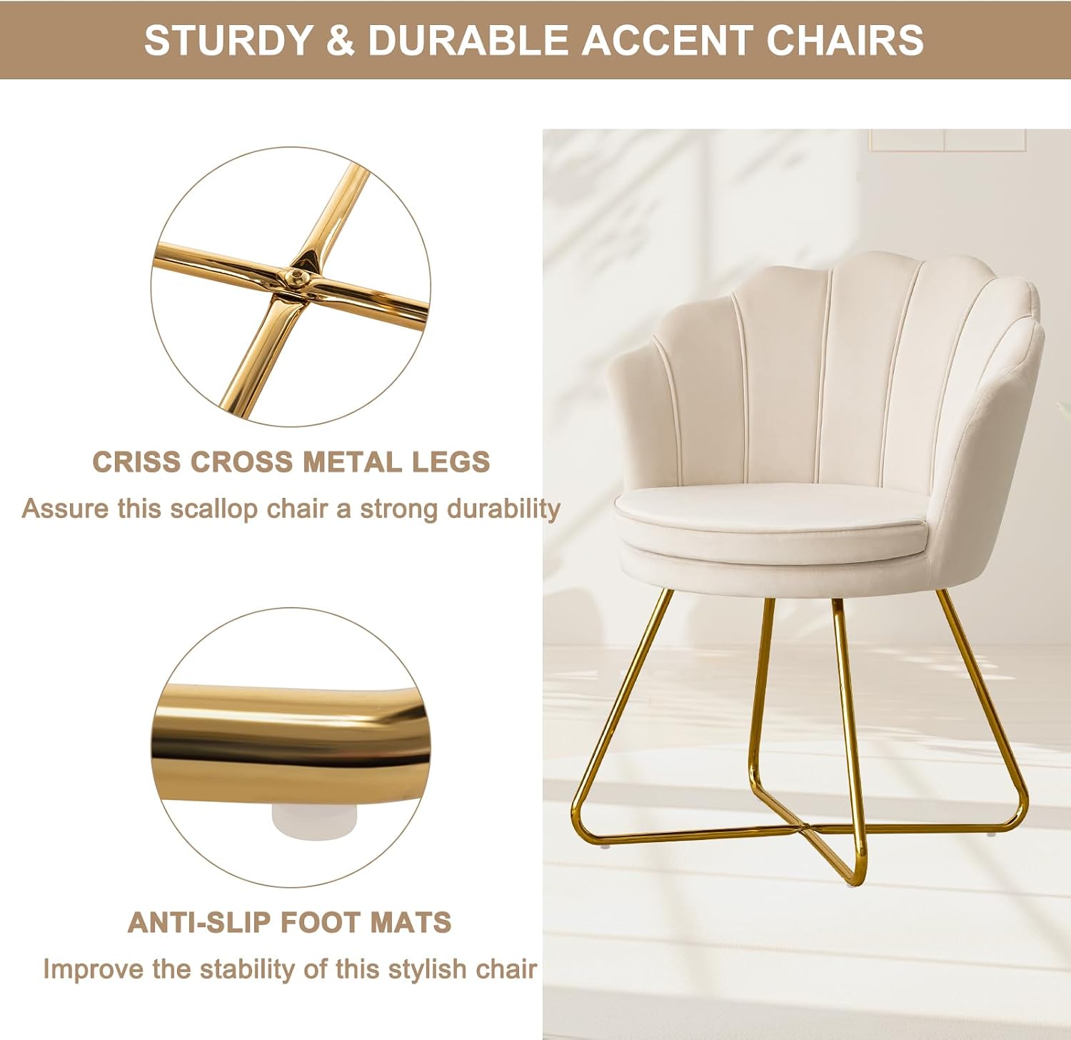 Furnimart Accent Chairs Set of 2 for Living Room, Shell Vanity Chair with Back, Criss Cross Chair with Gold Legs, Side Chair for Bedroom, Makeup Room, Desk Chair no Wheels, Velvet Khaki 2PCS