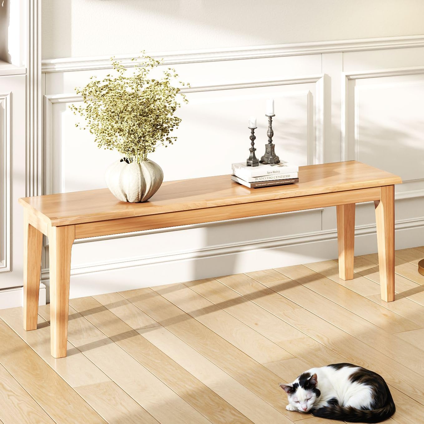 Dining Bench 55.1" Wood Solid Oak Wooden Bed End/Entryway Bench for Bedroom Living Room Kitchen(Nature)