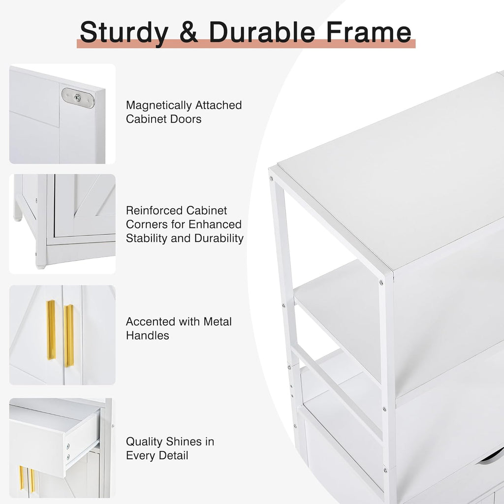 VECELO Kitchen Pantry Cabinet with Charging Station, Freestanding 2-Tier Storage Cupboard, Extra Tall & Wide Microwave Shelf, Farmhouse Style with Drawer, White
