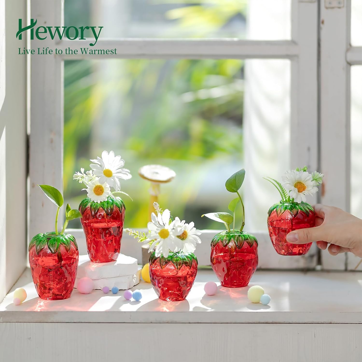 Glass Strawberry Propagation Vases for Plants: 5PCS Cute Strawberry Decor for Home Kitchen Bathroom Office - Unique Indoor Hydroponic Planters Gifts for Mom Women Mothers Day (Red)