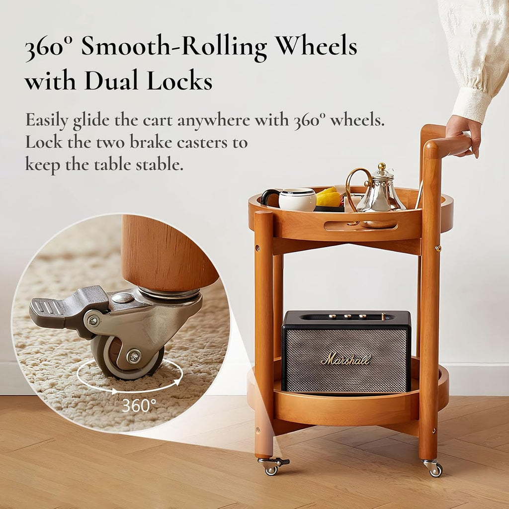 Side Table with Wheels, Mid Century Modern Rolling End Table, Solid Wood Round End Table with Detachable Tray, Small Accent Table, Movable Coffee Table Cart(Natural)