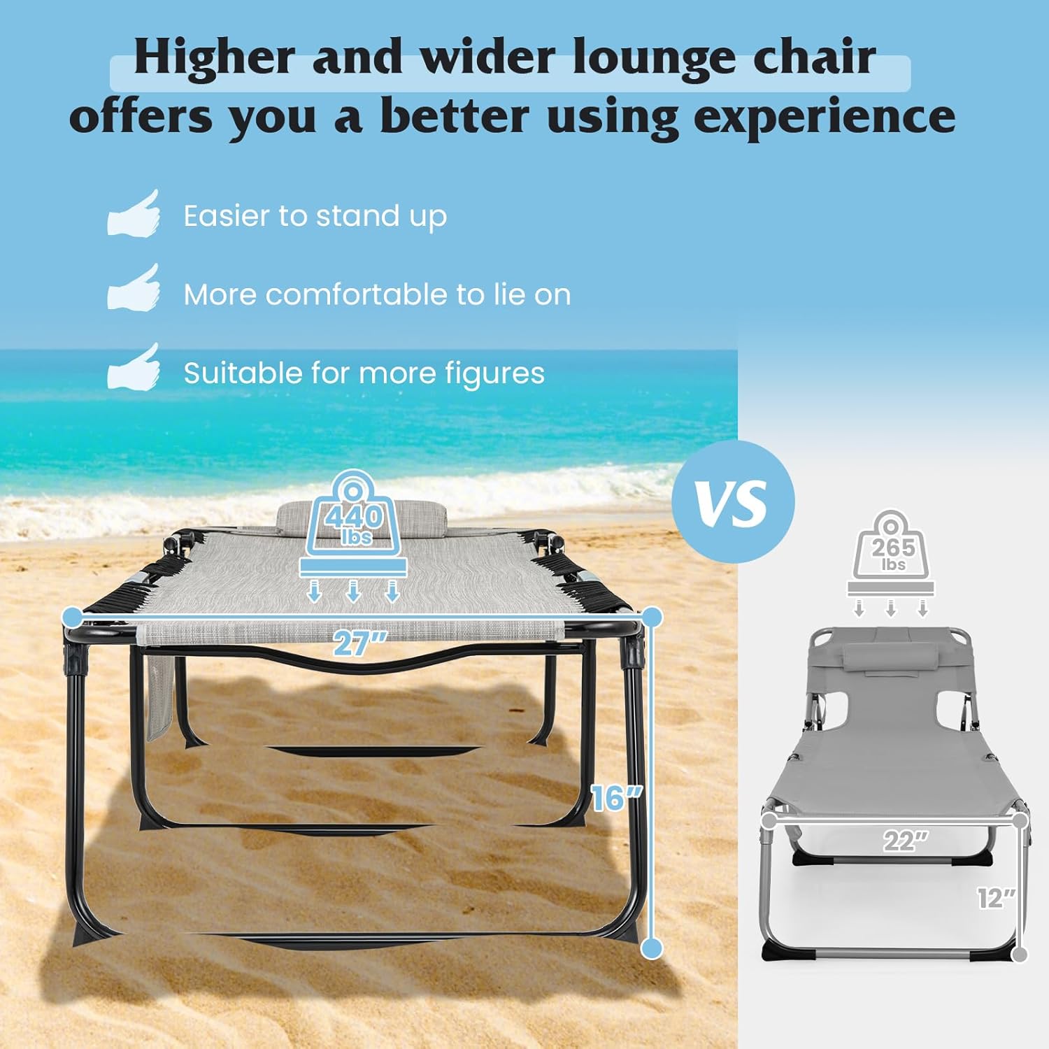 GYMAX Lounge Chair for Outside, 440lbs 27” Oversize Folding Beach Tanning Sunbath Chair with Adjustable Backrest & Removable Pillow, Lightweight Portable Patio Lounger for Lawn Poolside (2, Ashy)