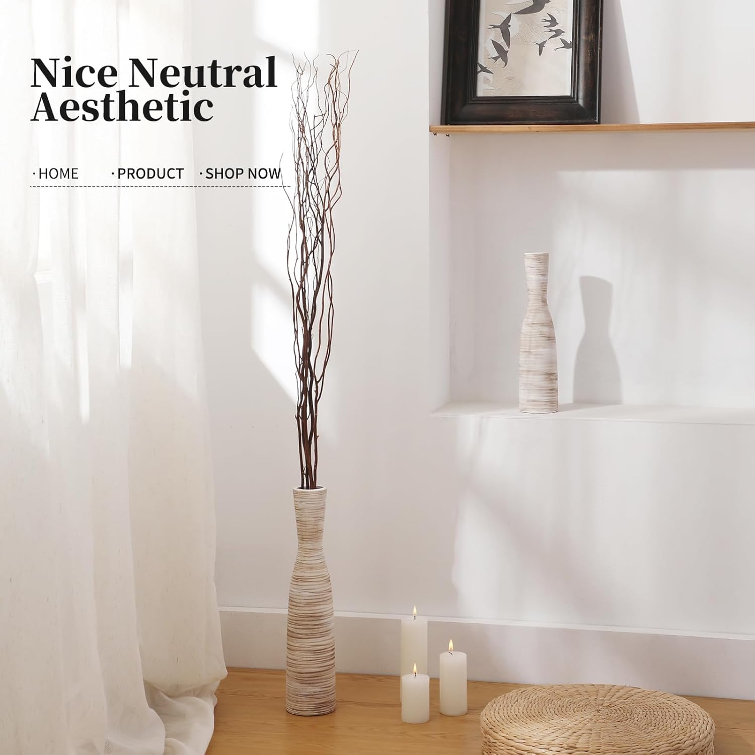 ALMA 16" Tall Floor Vase for Pampas Grass,White Brown Ceramic Centerpiece for Dresser, Skinny Pampas Grass Vessel for Floor, Entryway Table, Fireplace Decor