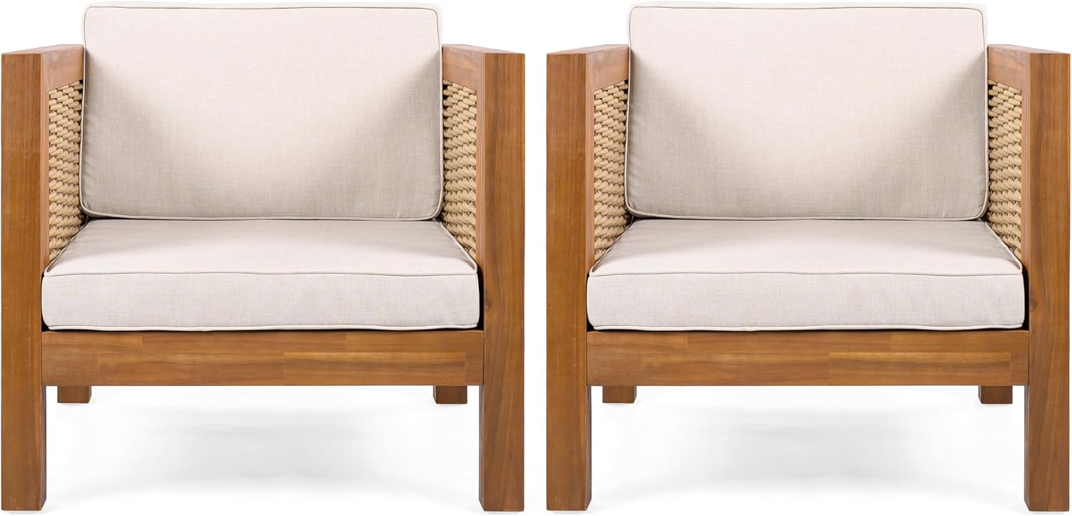 Outdoor Club Chair Set of 2 — Acacia Wood Frame, Wicker Armrests & Beige Cushions, 400 lbs Capacity, for Patio Garden Backyard