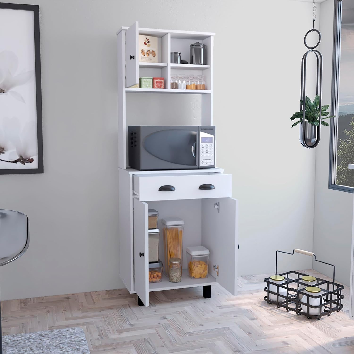 Salem Kitchen Pantry with 2 Cabinets, 2 Open Shelves, and Drawer