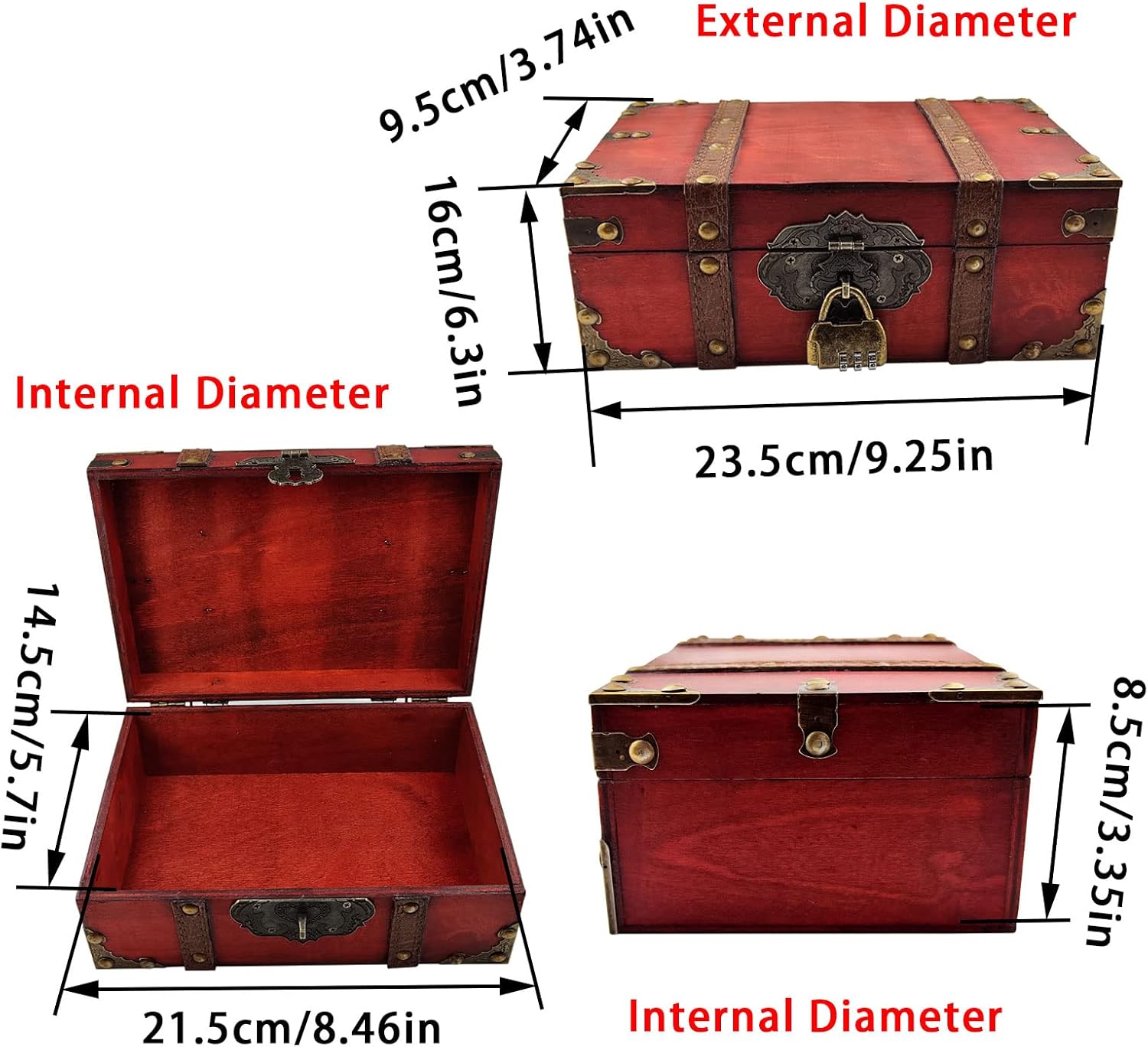 Flylin Vintage Wooden Storage Box With Lock, Treasure Jewelry Chest Decorative Treasure Jewelry Chest Wooden Storage and Decorative Box Home Decoration Jewelry Storing Storage Organizer (Red)