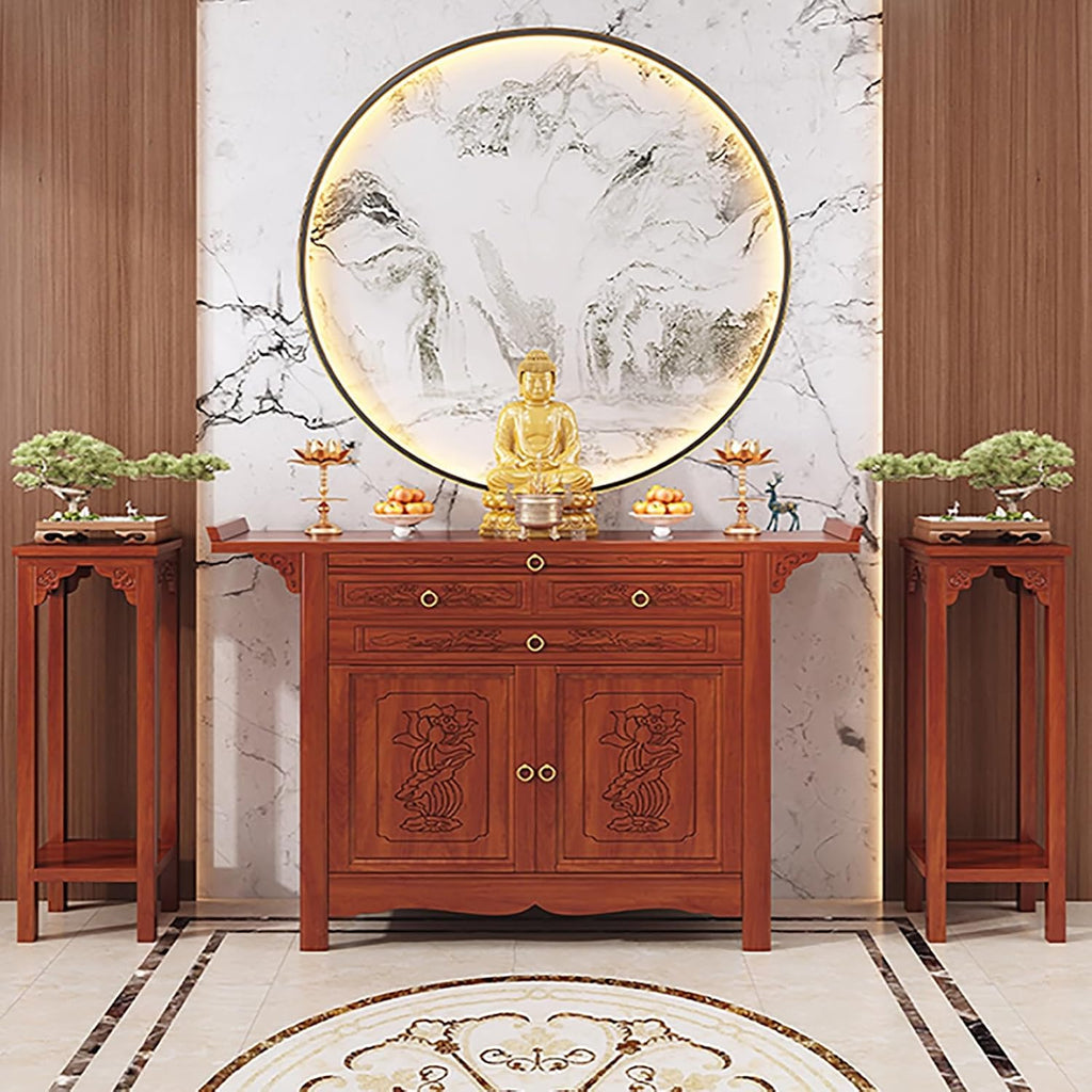 Bamboo Meditation Altar Table with Storage, Chinese Pooja Cabinet, Offering Table with Drawer, Buddhist Shrine Altar for Living Room, Small Spaces(88cm/34.6in)