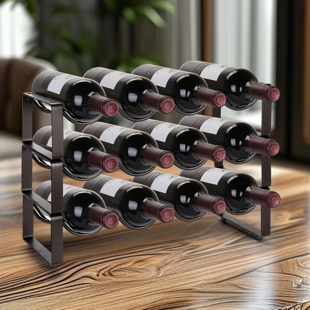 Carperipher Stackable Wine Rack Countertop, 12 Bottles 3 Tier Wine Cabinet Counter, Wine Rack Holder and Storage, Metal Wine Bottle Holder Freestanding for Cabinet