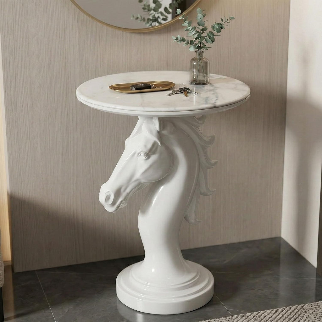 Modern Horse Statue Side Table - Round Faux Marble Top Accent Pedestal with Sculpture Base for Entryway & Living Room, White