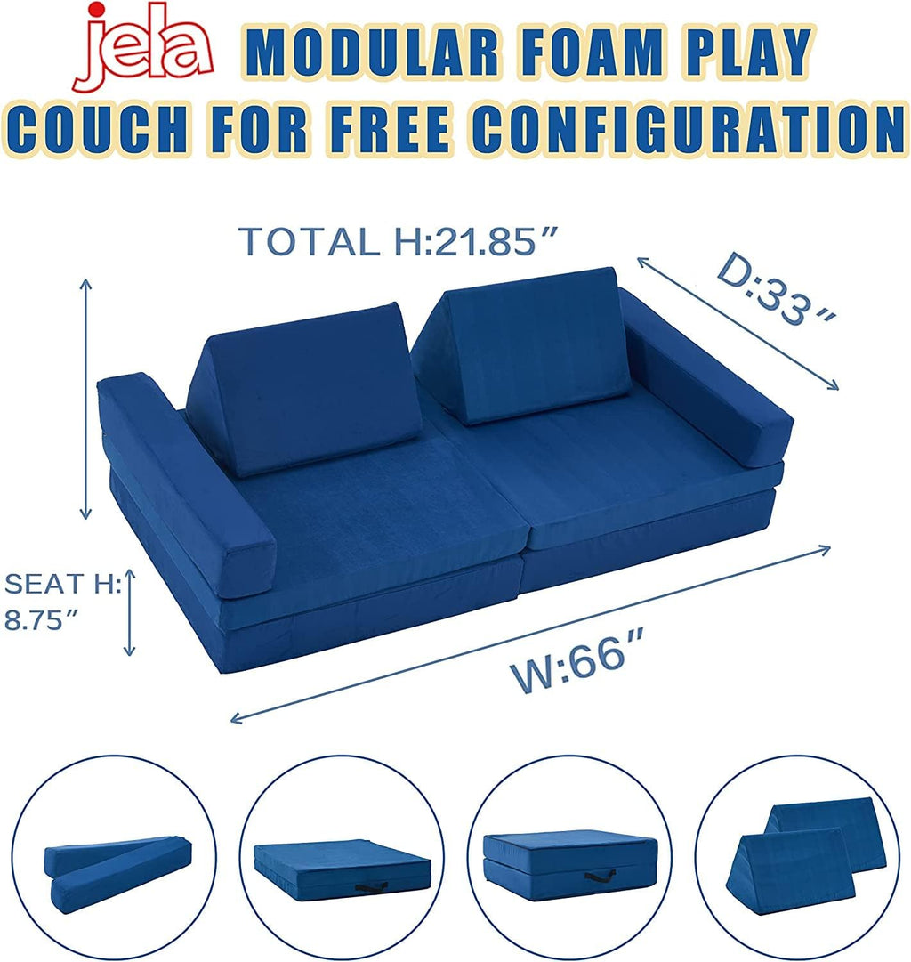 jela Kids Play Couch Extended Size 8PCS for Family, Floor Sofa Modular Funiture for Kids Adults, Playhouse Play Set for Toddlers Babies, Modular Foam Play Couch Indoor 66" x 33" x 22" Navyblue | durable foam