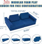 jela Kids Play Couch Extended Size 8PCS for Family, Floor Sofa Modular Funiture for Kids Adults, Playhouse Play Set for Toddlers Babies, Modular Foam Play Couch Indoor 66" x 33" x 22" Navyblue | durable foam