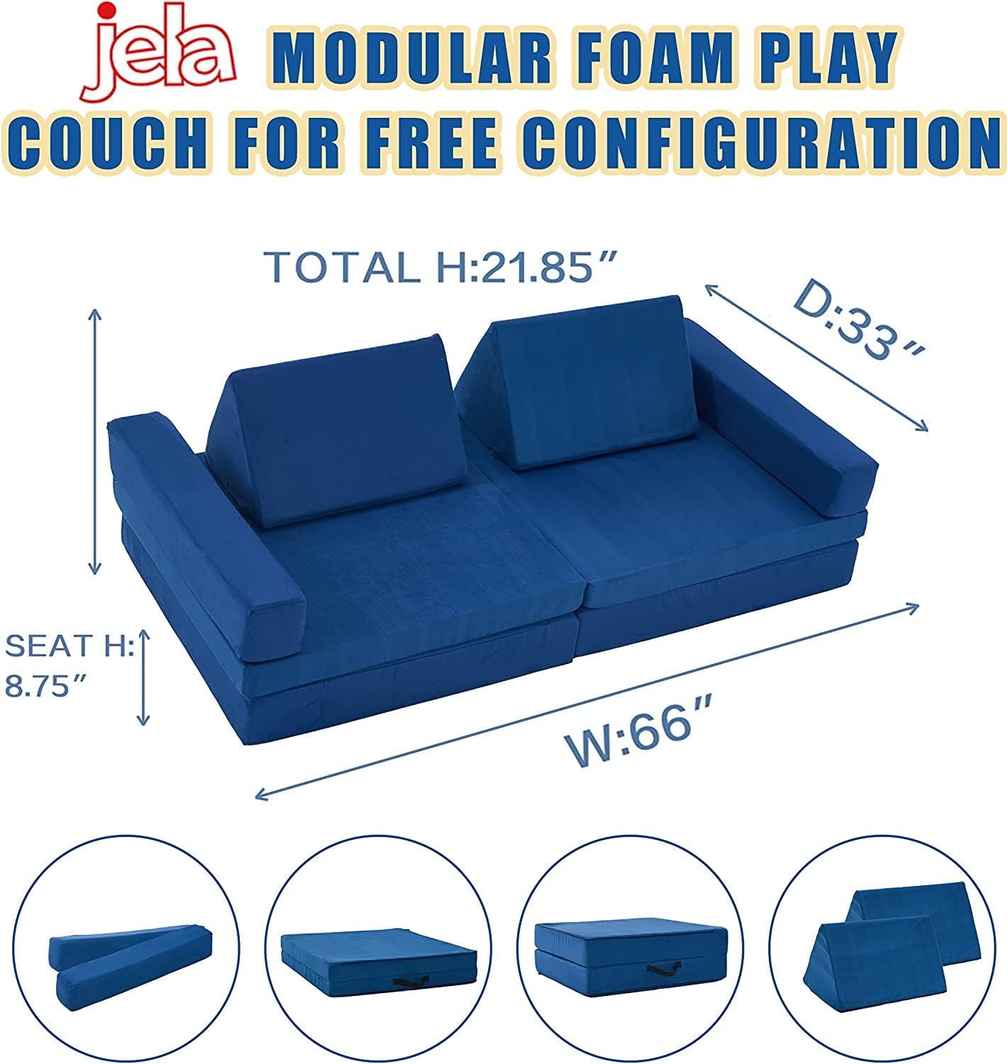 jela Kids Play Couch Extended Size 8PCS for Family, Floor Sofa Modular Funiture for Kids Adults, Playhouse Play Set for Toddlers Babies, Modular Foam Play Couch Indoor 66" x 33" x 22" Navyblue | durable foam