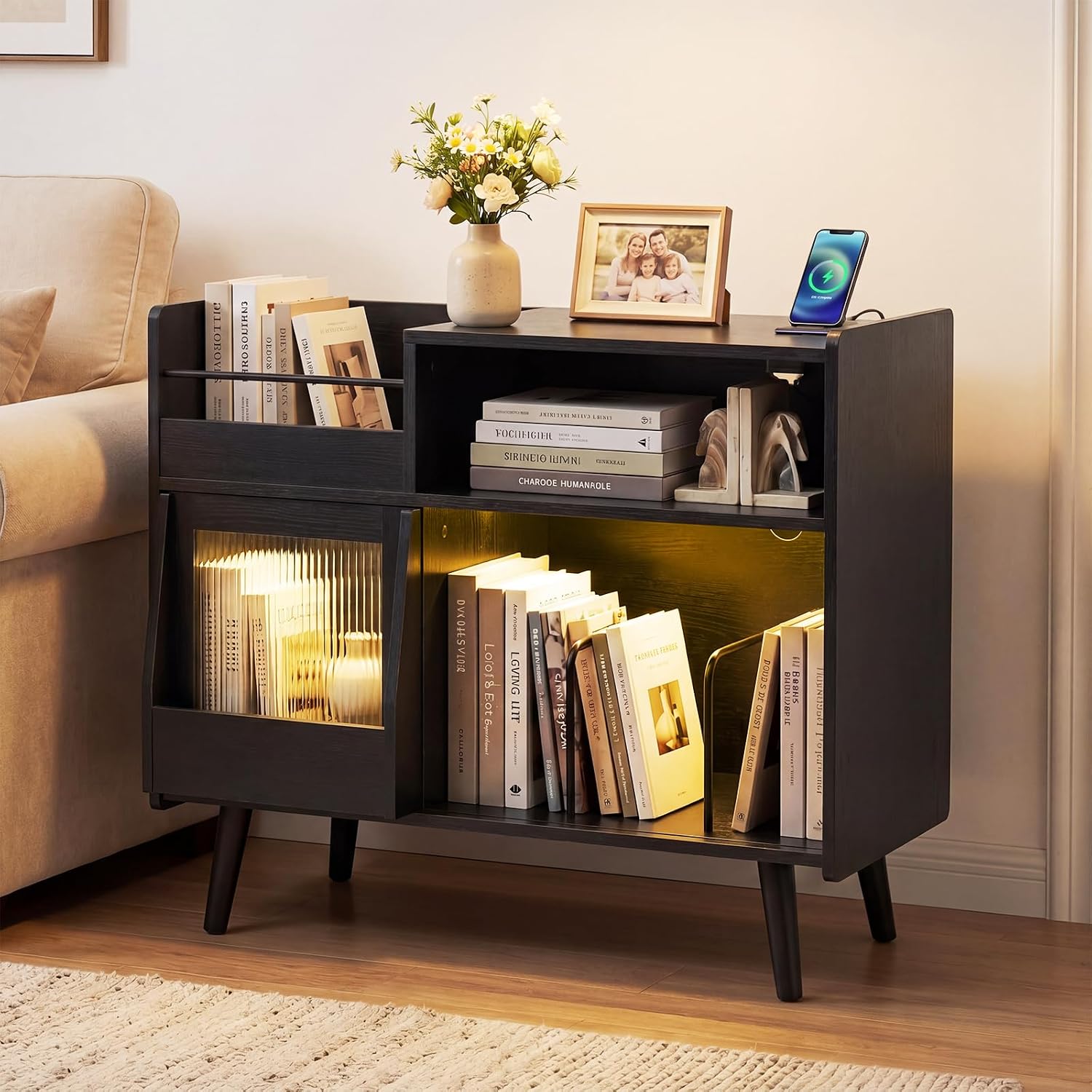 Giantex Large Record Player Stand with LED Light, Mid Century Modern Turntable Stand w/Sliding Door, Charging Station & Plastic Leg, Record Player Table, Vinyl Record Storage for Living Room (Black)