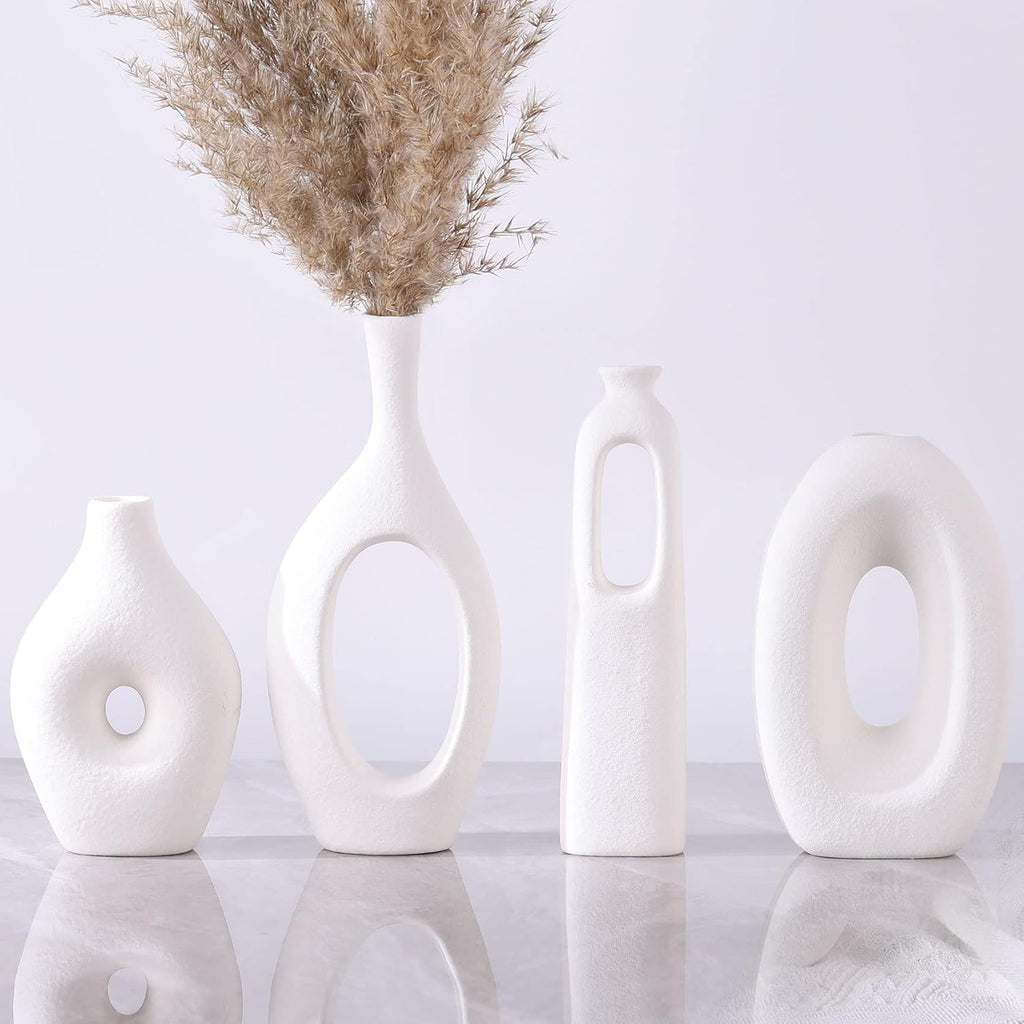 White Ceramic Vase Set of 4 - Round Hollow Boho Vases for Pampas Grass and Flowers Decor, Modern Minimalist Small Vases for Living Room, Bedroom, Fireplace, Coffee Table Decor and Centerpieces