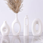 White Ceramic Vase Set of 4 - Round Hollow Boho Vases for Pampas Grass and Flowers Decor, Modern Minimalist Small Vases for Living Room, Bedroom, Fireplace, Coffee Table Decor and Centerpieces