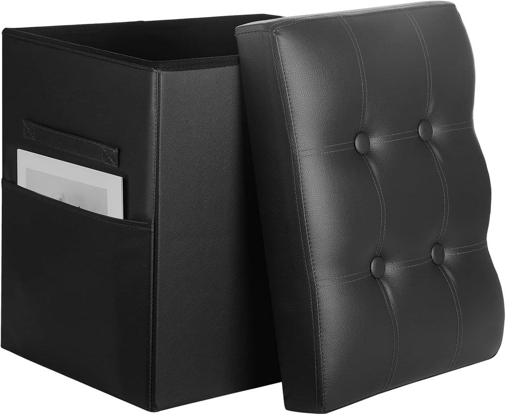 Storage Ottoman Foot Rest Stool with Thicker Foam Padded Seat. Slim Tall Folding Leather Small Ottoman with Storage Furniture for Dorm Living Room Bedroom Coffee Table 350 lbs, 17x13x17in, Black