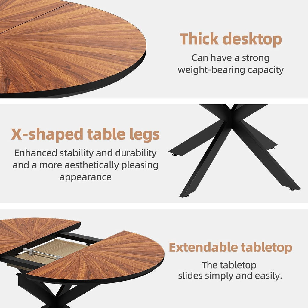 KEIKI 47.2"-63" Extendable Round Dining Table for 4-6, Modern Wooden Kitchen Table with Removable Leaf, Solid Wood Oval Dinner Tables for Dining Room Living Room, Walnut