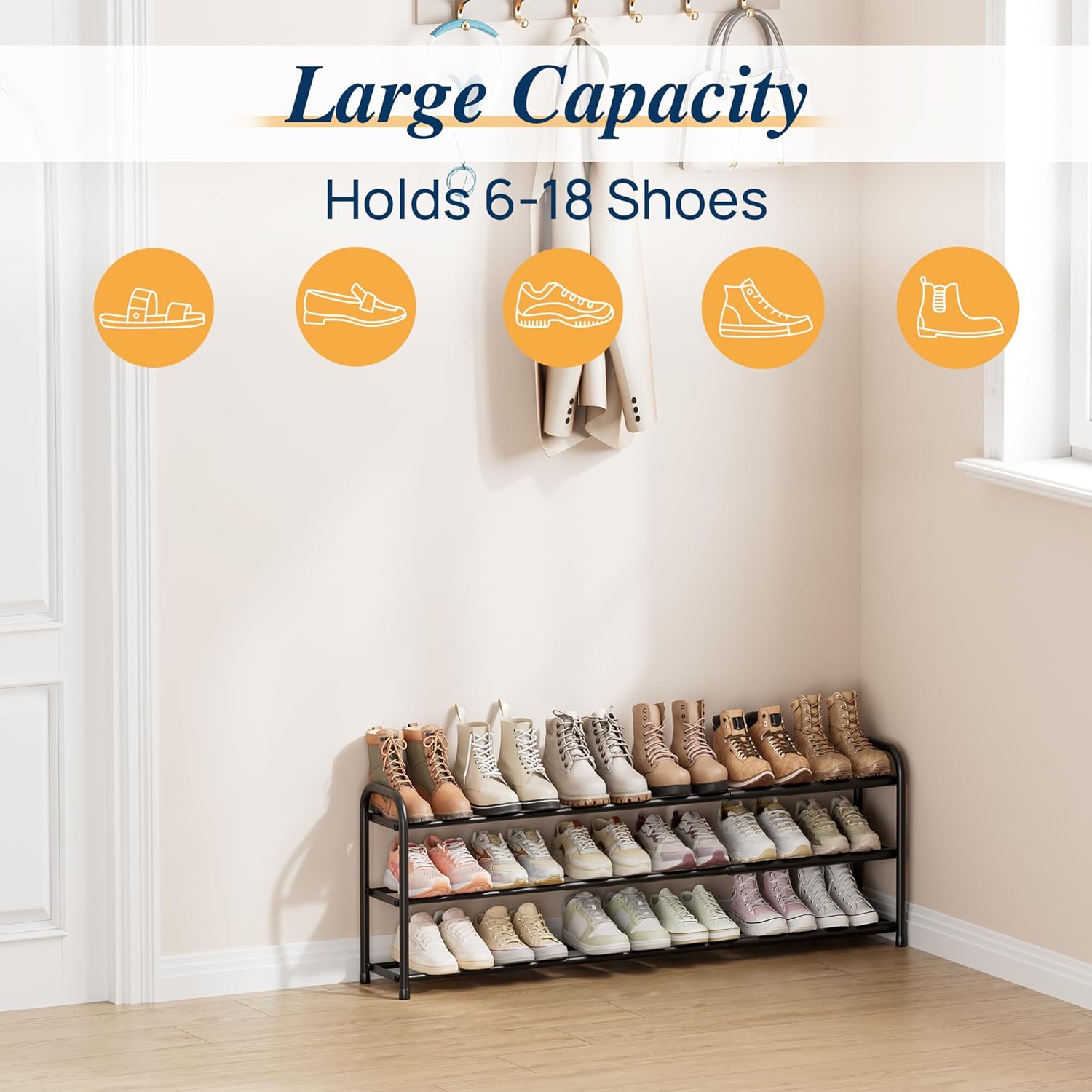 ENJOYBASICS 3 Tier Expandable Shoe Rack for Closet, Free Standing Metal Shoe Shelf Storage Organizer Holder 18 Pairs, Adjustable Width Shoe Rack for Entryway Small Space, Black