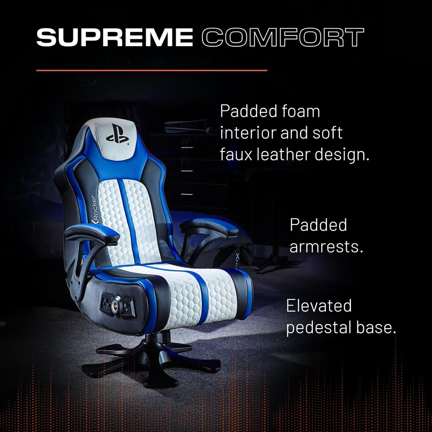 X ROCKER Playstation Legend 2.1 Gaming Chair with Speaker, Wireless Bluetooth Audio Console Gaming Chair, Voice Activated Vibration, Official Playstation for PS5 PS4 PC Mobile - WHITE BLUE BLACK