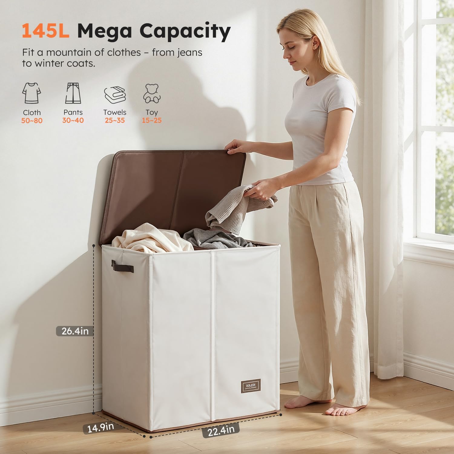 SOLEDI Luxury Double Laundry Hamper with Lid and Removable Bags, 38.3 Gal Large Laundry Bin, Laundry Basket 2 Sections, Collapsible Clothes Hamper for Bedroom, Laundry Room, Bathroom, Off-white
