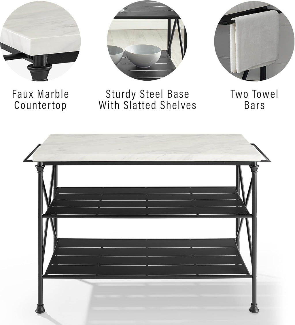 Crosley Furniture Madeleine Kitchen Island with Shelves for Storage, Microwave Stand, Coffee Bar, Steel with Faux Marble Top
