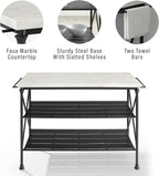 Crosley Furniture Madeleine Kitchen Island with Shelves for Storage, Microwave Stand, Coffee Bar, Steel with Faux Marble Top