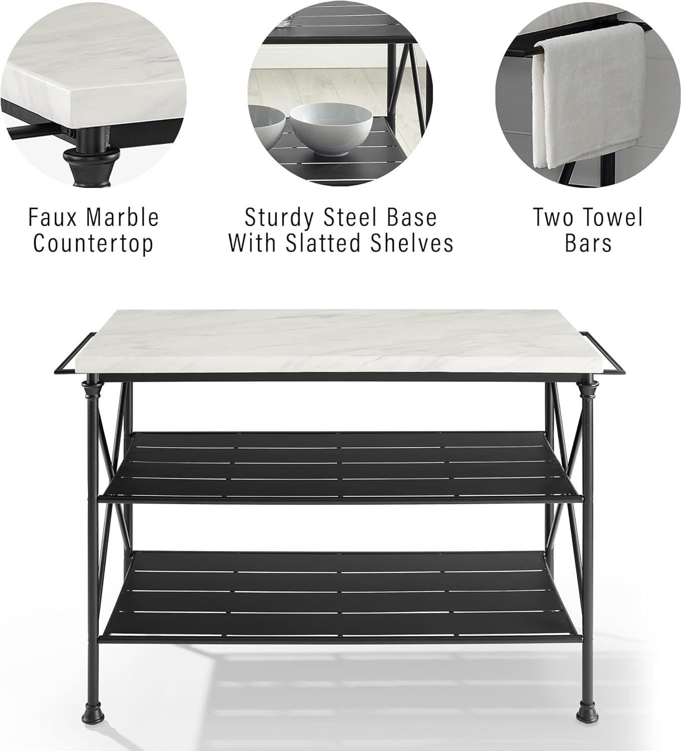 Crosley Furniture Madeleine Kitchen Island with Shelves for Storage, Microwave Stand, Coffee Bar, Steel with Faux Marble Top