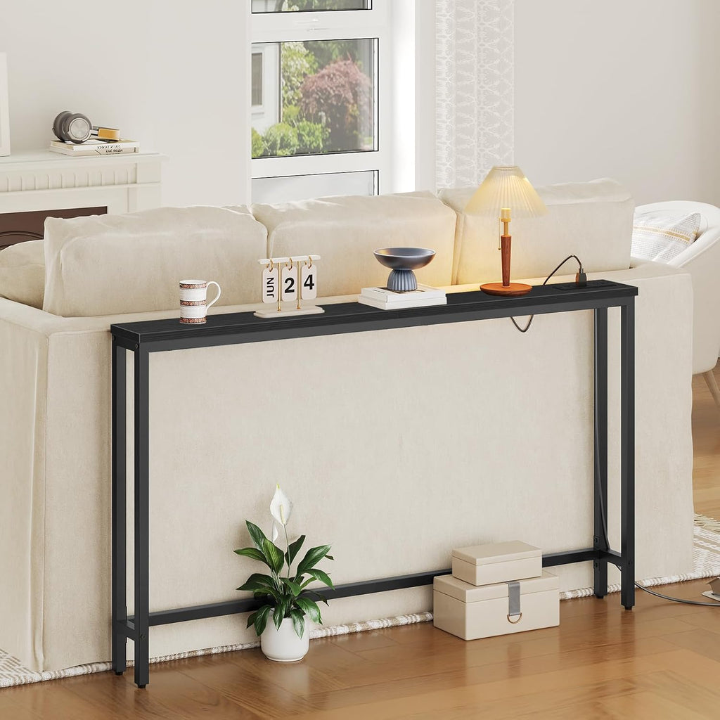HOOBRO 55.1" Narrow Console Table with Power Outlets, 5.9" Behind Couch Table with Charging Station, Long Sofa Table, Skinny Entryway Table for Living Room, Hallway, Foyer, Black BB145UXG01
