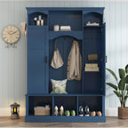 SOFTSEA Arched Hall Tree with Storage Bench, Entryway Bench with 7 Hooks and Shoe Cabinets, Modern Coat Tree Entryway Organizer with Shoe Storage for Mudroom, Living Room, Blue