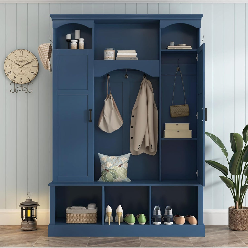 Knocbel Farmhouse Hall Tree Organizer, Seat Bench with 3 Open Compartments, Coat Rack with Dual Side Cabinets, 7 Hooks, Adjustable Shelves, 3 Top Cubbies, for Entryway Living Room, 53.5" Blue