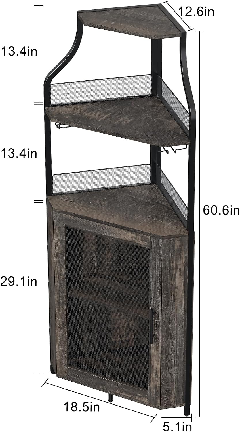Corner Wine Bar Rack Cabinet with Detachable Wine Rack, Bar Cabinet with Glass Holder, Small Sideboard and Buffet Cabinet with Mesh Door (Dark Rustic Oak)