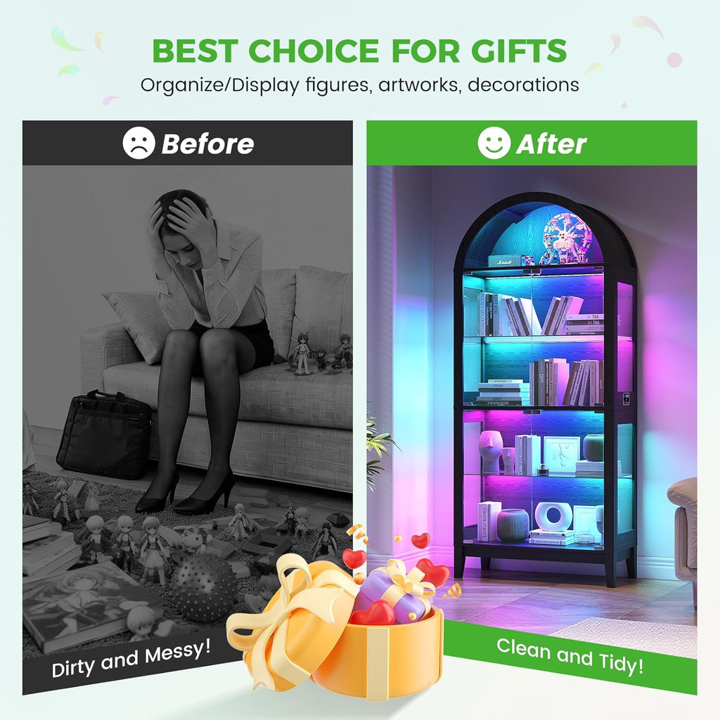 HNEBC Arched Display Case with RGB Lights, 69" Tall 5-Tier Tempered Glass Display Cabinet with Doors, LED Curio Cabinet with Shelf, Bookcase with Music-Synced Lighting for Living Room (Black)