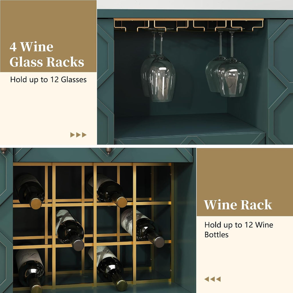 Modern Bar Cabinet with Drawer, Liquor Cabinet with Wine Glass Racks and Shelves, Geometric Door Buffet Sideboard for Dining Room, Living Room, Kitchen, Green