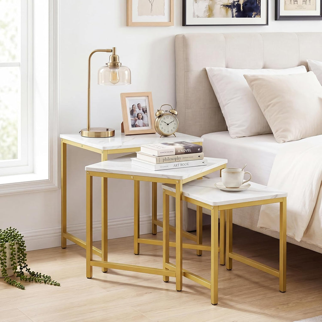 Giantex Nesting Coffee Table Set of 3, Small Center Tables, White | Faux Marble Coffee Table with Metal Frame, Space-Saving Stacking End Table for Small Space