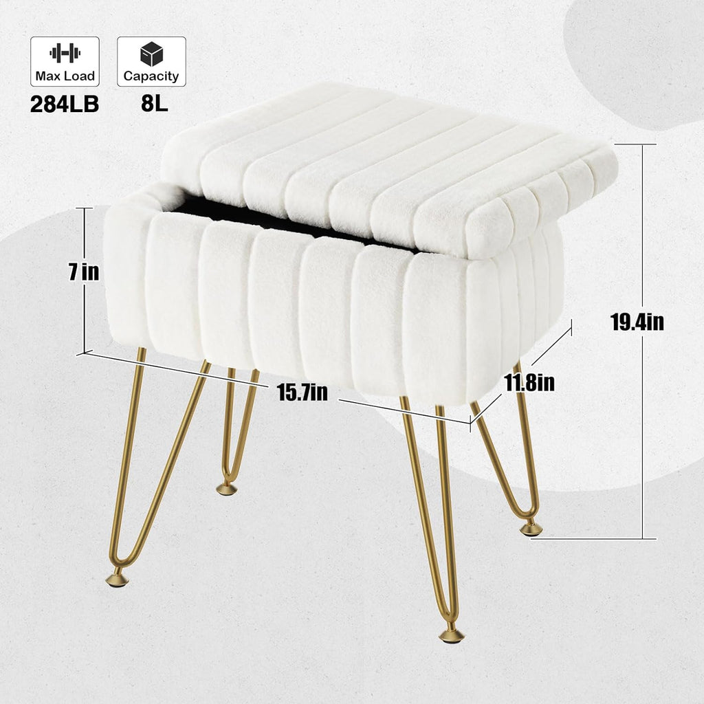 Greenstell Vanity Stool Chair Faux Fur with Storage, 15.7"L x 11.8"W x 19.4"H Soft Ottoman 4 Metal Legs with Anti-Slip Feet, Furry Padded Seat, Modern Multifunctional Chairs for Makeup, Bedroom White