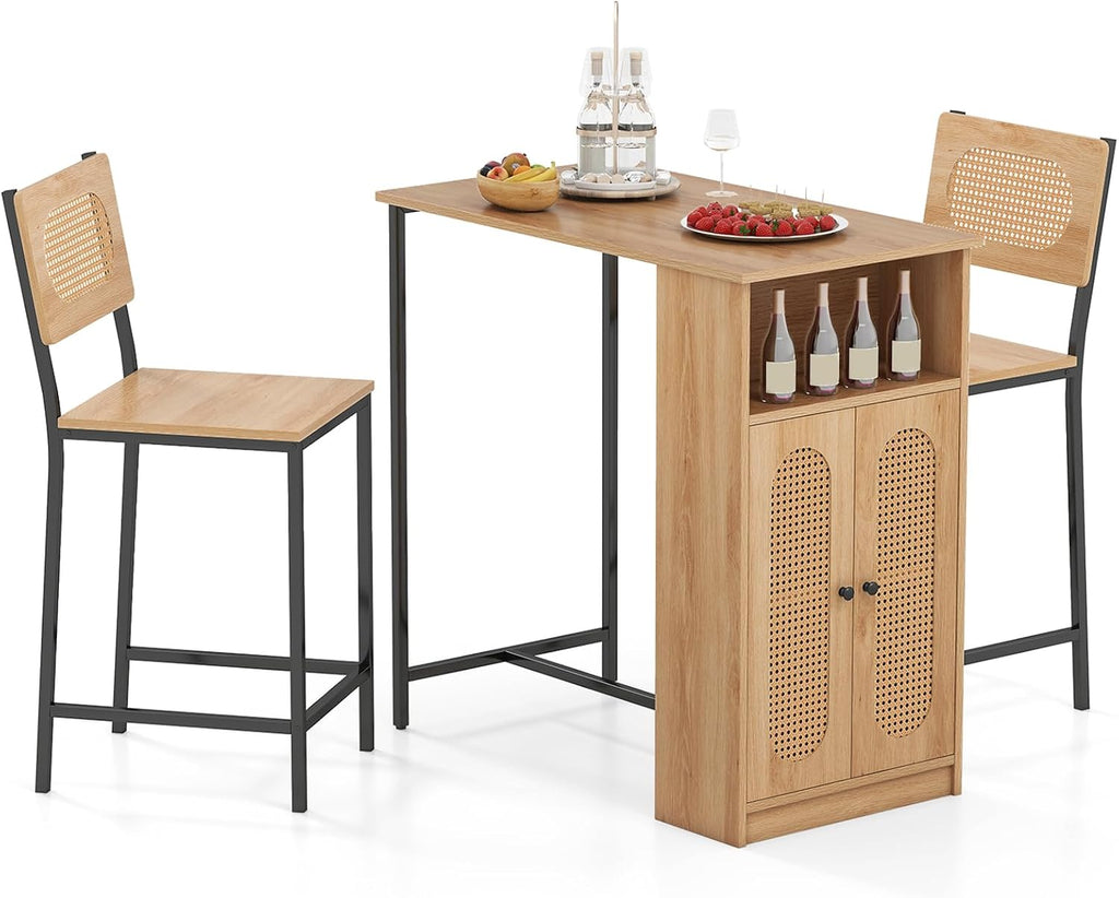 COSTWAY 3-Pcs Kitchen Table & Chairs Set, High Top Bar Table with 2 Stools, Storage, Adjustable Shelf, Metal Frame, Counter Height Dining Room Set for 2, Boho Rattan Table Set for Living Room, Study