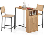 COSTWAY 3-Pcs Kitchen Table & Chairs Set, High Top Bar Table with 2 Stools, Storage, Adjustable Shelf, Metal Frame, Counter Height Dining Room Set for 2, Boho Rattan Table Set for Living Room, Study