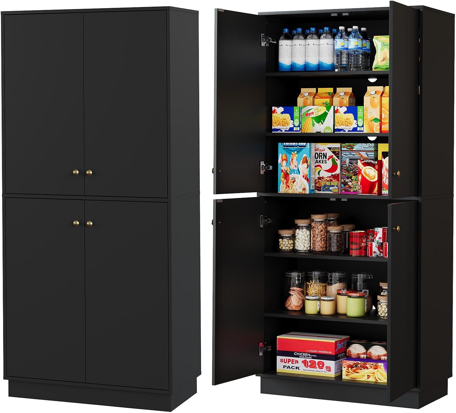 Garvee Kitchen Pantry Cabinet, 68'' Pantry Storage Cabinet with 4 Doors and 4 Adjustable Shelves, Wooden Freestanding Cupboard for Kitchen, Dining Room and Living Room, Black