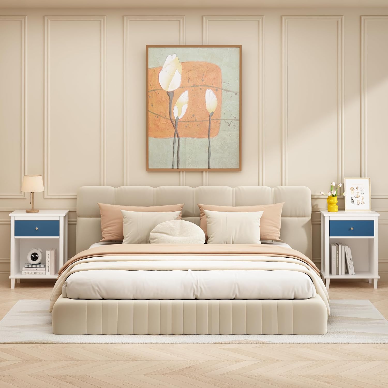 Nightstand with One Drawer & Open Storage Shelf, Modern Wooden Bedside Table for Kids, 26.77''H End Table for Living Room, Bedroom, Toddler Nightstand for Boys and Girls, White+Navy